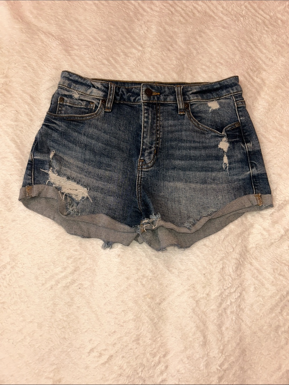 eunina Distressed Rolled-Cuff Denim Shorts - Blue Wash